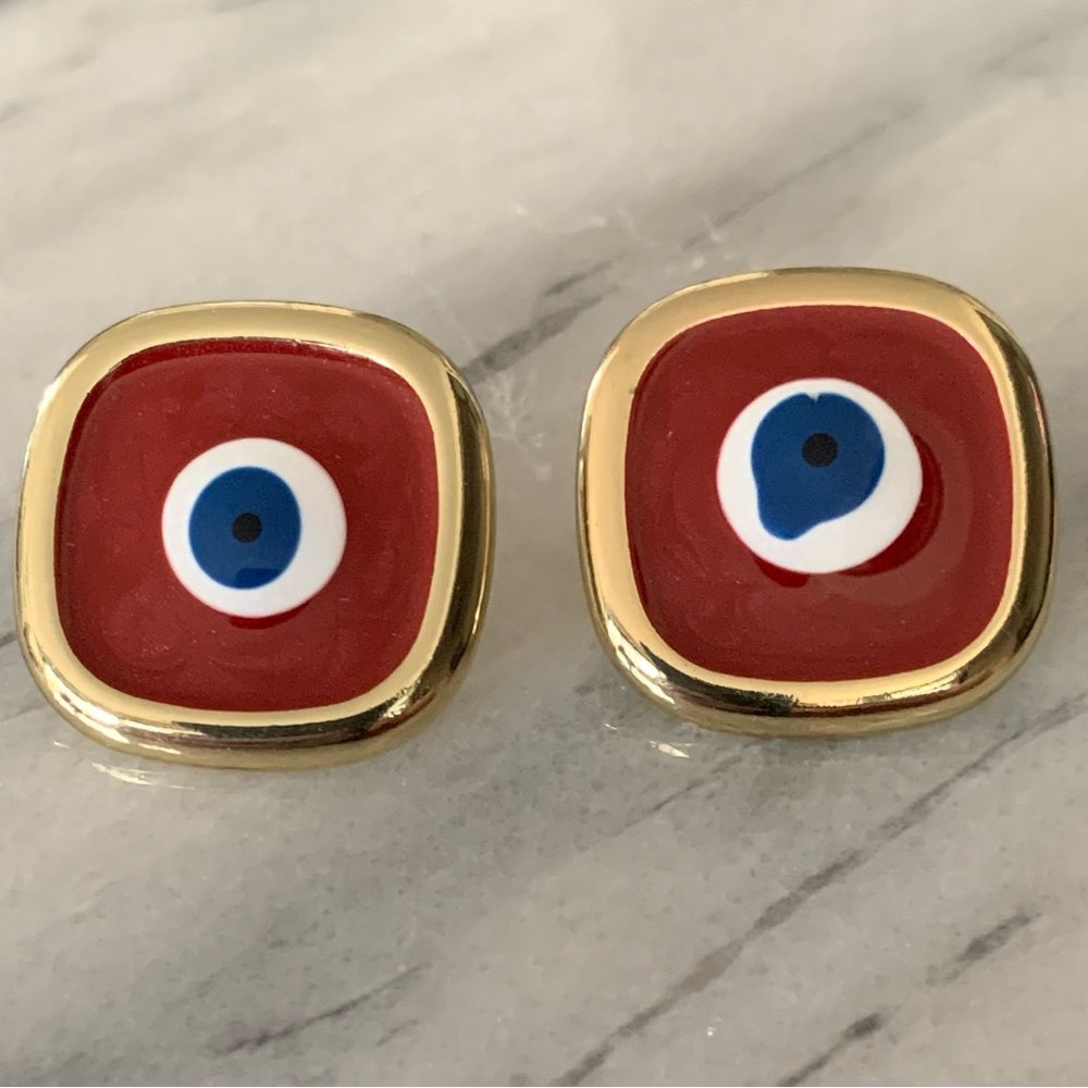 Gold and Red Evil Eye Earrings